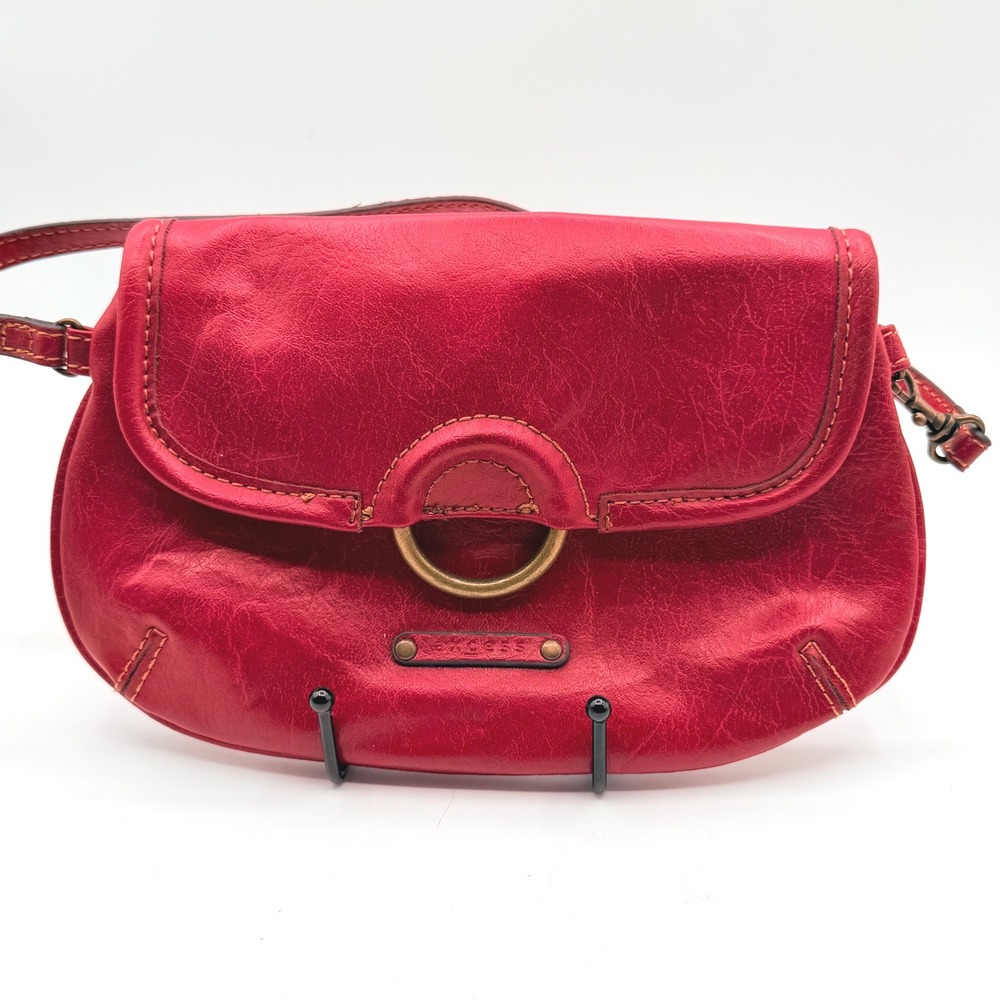 Vintage Y2K Red Leather Shoulder Bag Ring Hardware Mini Slouchy Purse Boho Artsy
